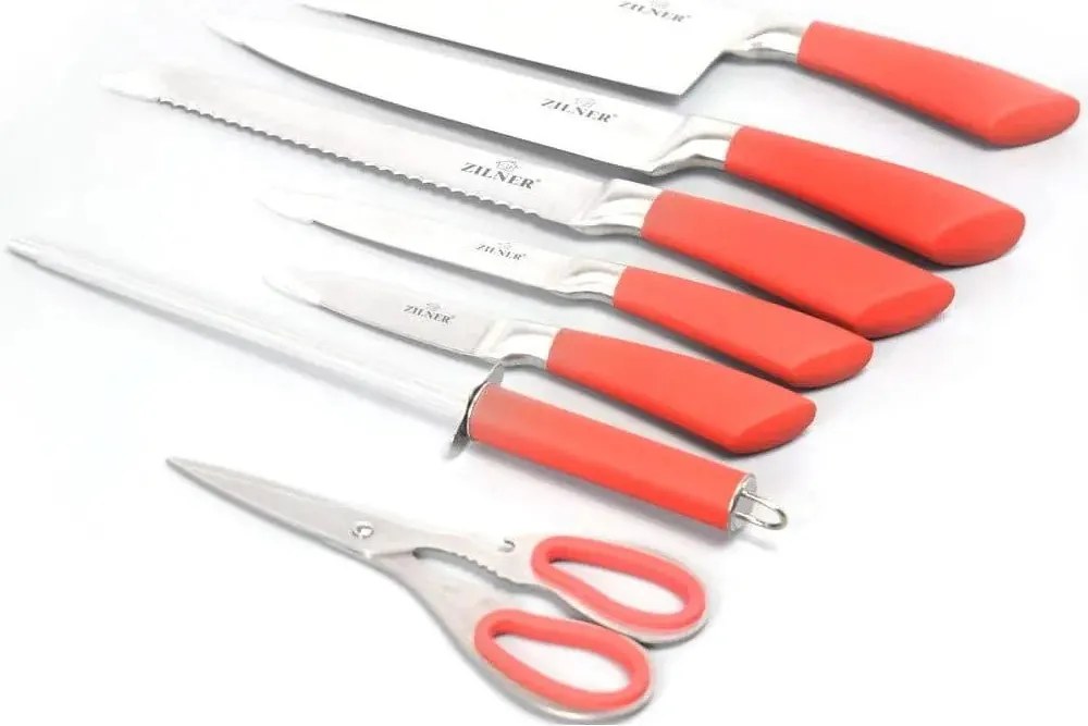 Комплект ножове с поставка ZILNER ZL 5126, 8 части, Точило, Ножици, Неръждаема стомана, Червен