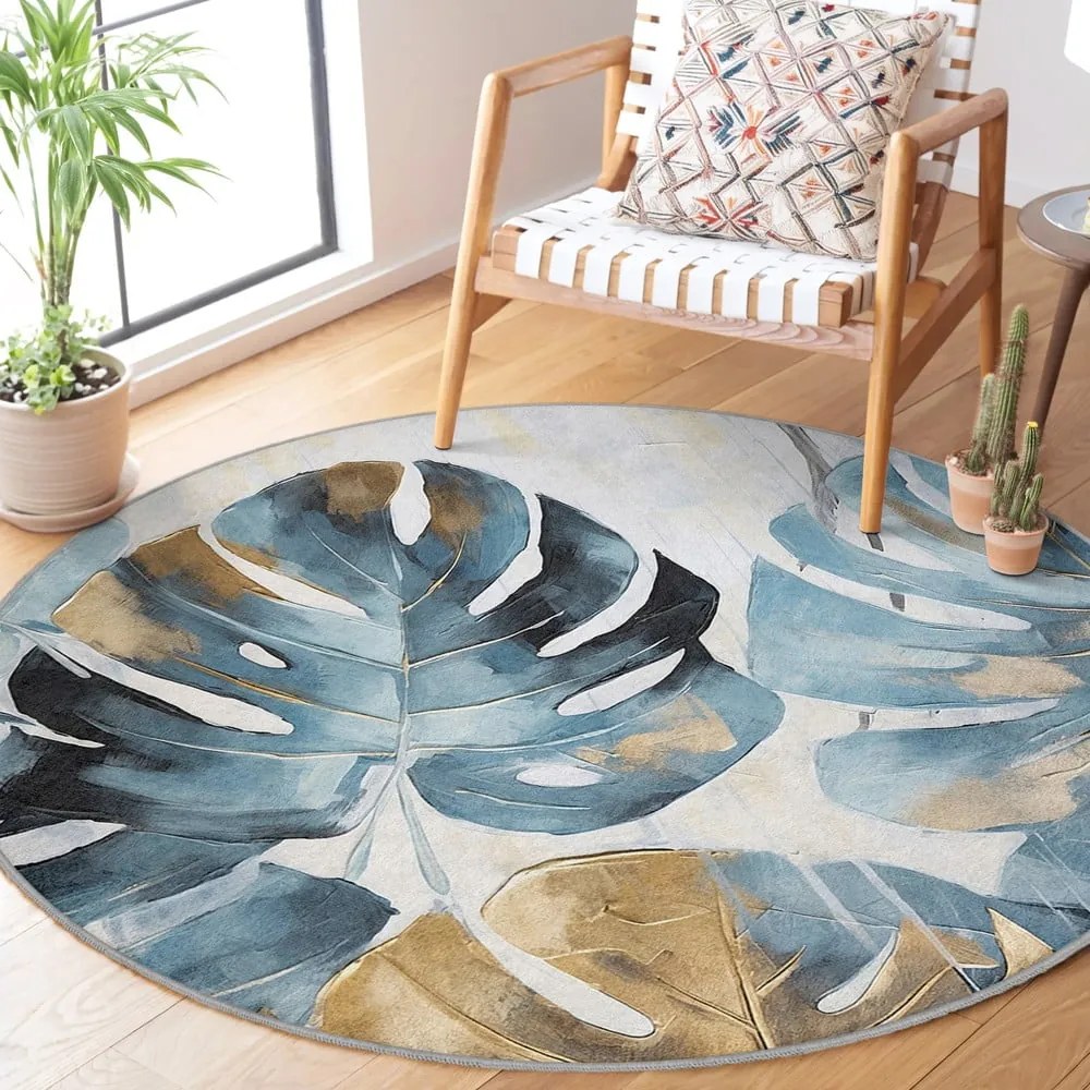 Син кръгъл килим подходящ за пране ø 120 cm Golden Leaves – Mila Home