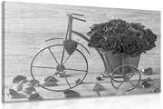 Картина на платно – Колело пълно с рози в черно-бял вариант