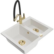Mexen Carlos гранитна мивка 1,5-камерна с кухненски смесител Duo, бял - 6518-20-671701-57-G