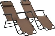 44346 vidaXL Сгъваеми шезлонги с подложки за крака, 2 бр, стомана, кафяви