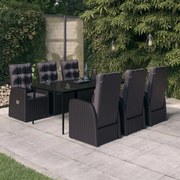 3099495 vidaXL Градински трапезен комплект с възглавници 7 части черен