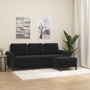 3201220 vidaXL 3-местен диван с табуретка, черно, 180 см, кадифе