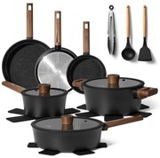 Комплект тенджери и тигани Just Perfecto JL-111, 15 части, Отливка, Гранитно покритие, Индукция, Аксесоари, Черен