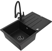 Mexen Bruno гранитна мивка с 1 отделение с капков почивка и кухненски смесител Duo, черен - 6513-77-671701-70-B