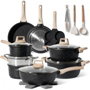 Комплект тенджери и тигани Just Perfecto JL-722, 21 ч, Отливка, Мраморно покритие, Индукция, Съд за готвене на пара, Аксесоари, Черен