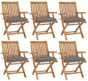 3072766 vidaXL Сгъваеми градински столове с възглавници, 6 бр, тик масив