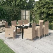 3099460 vidaXL Градински трапезен комплект от 9 части с възглавници бежов