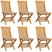 3065604 vidaXL Градински столове, възглавници със сиво каре, 6 бр, тик масив