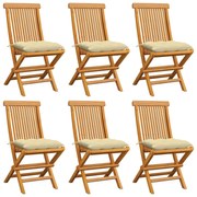 3065607 vidaXL Градински столове с кремавобели възглавници 6 бр тик масив