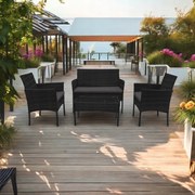 Черен градински комплект с диван, фотьойли и маса с черно стъкло