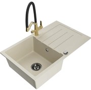 Mexen Bruno гранитна кухненска мивка с 1 отделение и отцедник и кухненски смесител Duo, бежов - 6513-69-671701-57-B