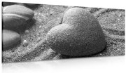 Картина на платно – Зен камък във формата на сърце в черно-бяло