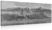 Картина на платно – Църква при езерото Блед в Словения в черно-бял вариант