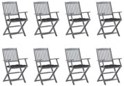 3078277 vidaXL Сгъваеми градински столове, 8 бр, с възглавници, акация масив