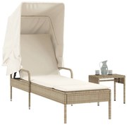 368201 vidaXL Шезлонг със сенник и маса, бежов, полиратан
