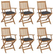 3074955 vidaXL Сгъваеми градински столове, 6 бр, с възглавници, акация масив