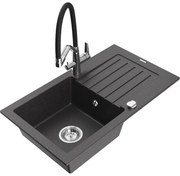 Mexen Pablo гранитна мивка 1-камерна с отцедник и кухненски смесител Duo, черен петнист - 6510-76-671701-07