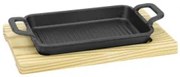 Horecano - Чугунено плато оребрено с дръжки на дървена подложка 20,5x13,5xh2,8см (HC-931314) (242930)
