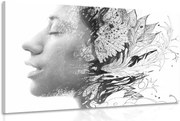 Картина на платно – Жена с нарисувани цветя в черно-бяло
