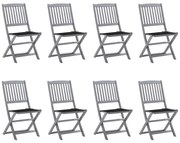 3078297 vidaXL Сгъваеми градински столове, 8 бр, с възглавници, акация масив