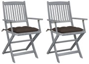 3064505 vidaXL Сгъваеми градински столове, 2 бр, с възглавници, акация масив