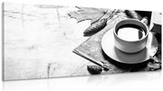 Картина на платно – Чаша кафе в есенен дух в черно-бяло