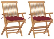 3062511 vidaXL Градински столове с виненочервени възглавници 2 бр тик масив