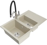 Mexen Gaspar гранитна мивка с 1,5 камери с отцеждач и кухненски смесител Duo, бежов - 6507-69-671701-07