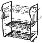Сушилник за съдове Rosberg R53000O, 3 нива, Подвижни тави, Поставки за чаши и прибори, Черен