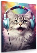 Картина на платно – Котка със слушалки