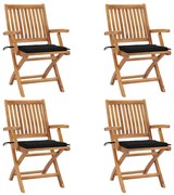 3072730 vidaXL Сгъваеми градински столове с възглавници, 4 бр, тик масив