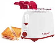Тостер Beper P101TOS100, 2 филийки, 7 нива, 2 щипки, Подвижна тавичка за трохи, Бял/Червен