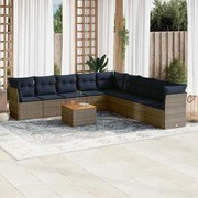 3256026 vidaXL Градински диван с възглавници, 10 части, полиратан, сив