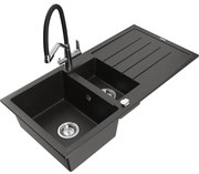 Mexen Andres гранитна мивка 1,5-коморна с отцедник и кухненски смесител Duo, черен/златен металик - 6515-75-671701-07