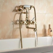 Стенен смесител за вана и душ Сахара 606086, месинг, златен, с душ и шлаух, 21.3x30.2см