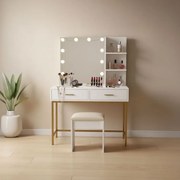 Голяма козметична тоалетка с LED огледало и странични рафтове