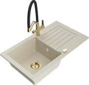 Mexen Pablo гранитна кухненска мивка с 1 корито с отцедник и смесител Duo, бежов - 6510-69-671701-57-G