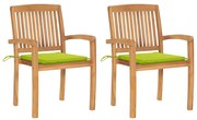 3063263 vidaXL Градински столове, 2 бр, яркозелени възглавници, тик масив