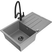 Mexen Bruno еднокоморна гранитна мивка с отцедник и кухненски смесител Duo, сив - 6513-71-671701-70-B