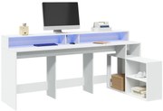 3309465 vidaXL Бюро с LED осветление, бяло, 200x104x91 см, инженерно дърво