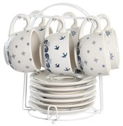 Комплект чаши с чинийки DKD Home Decor Син Метал Бял 180 ml Dolomite