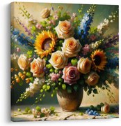 Картина на платно – Букет с рози и слънчогледи