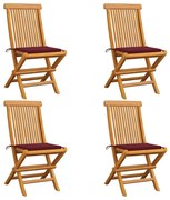 3062577 vidaXL Градински столове с виненочервени възглавници 4 бр тик масив