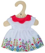 Bigjigs - Дрехи за кукла 25 см - Бяла рокля с цветя и червена яка