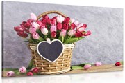 Картина на платно – Червени лалета в дървена кошница