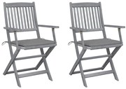 3064483 vidaXL Сгъваеми градински столове, 2 бр, с възглавници, акация масив