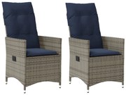 365649 vidaXL Градински столове с регулируема облегалка, 2 бр., с възглавници, сиви, полиратан