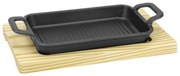 Horecano - Чугунено плато оребрено с дръжки на дървена подложка 20,5x13,5xh2,8см (HC-931314) (242930)