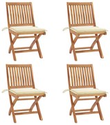 3072809 vidaXL Сгъваеми градински столове с възглавници, 4 бр, тик масив